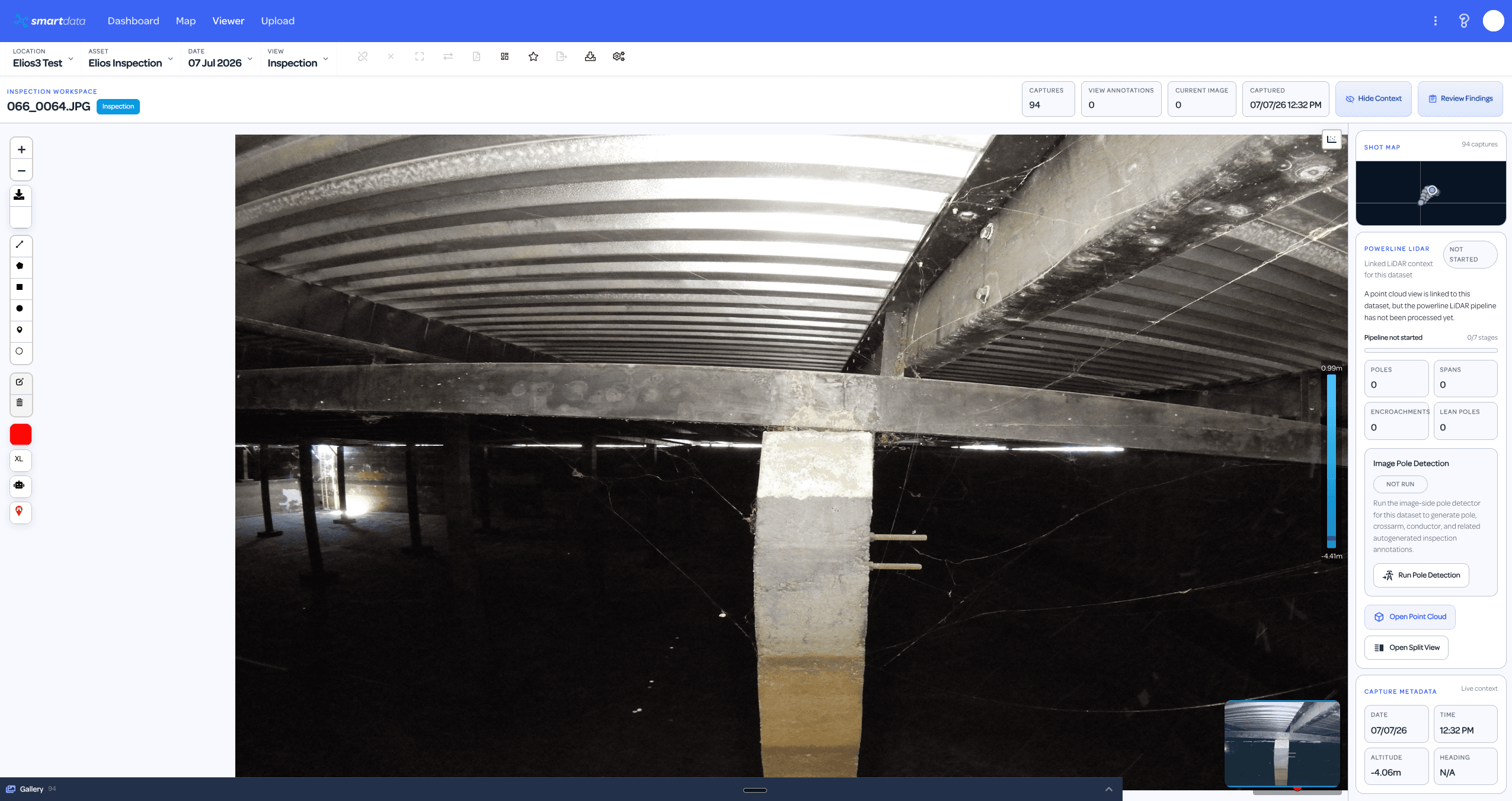 SmartData Elios inspection image workspace with shot map and capture metadata