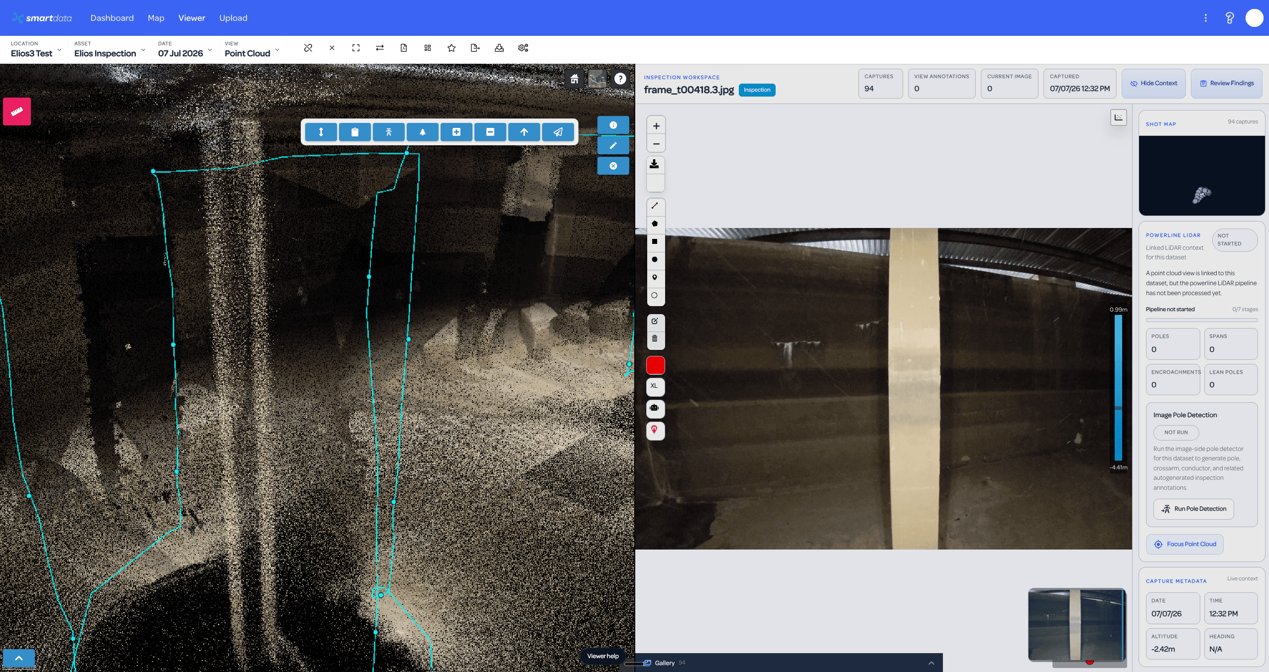 SmartData Elios split view with point cloud context and linked inspection frame