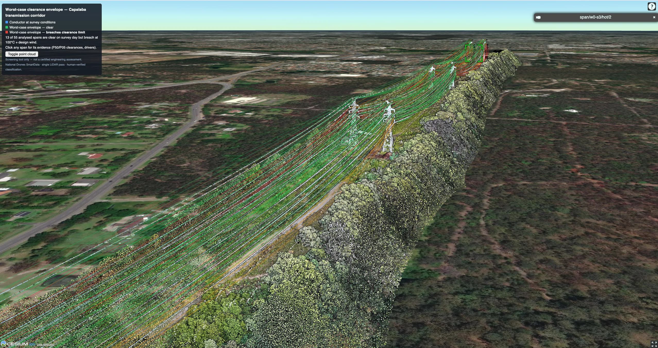 Span-level clearance screening with conductors, vegetation, structures, and terrain visible