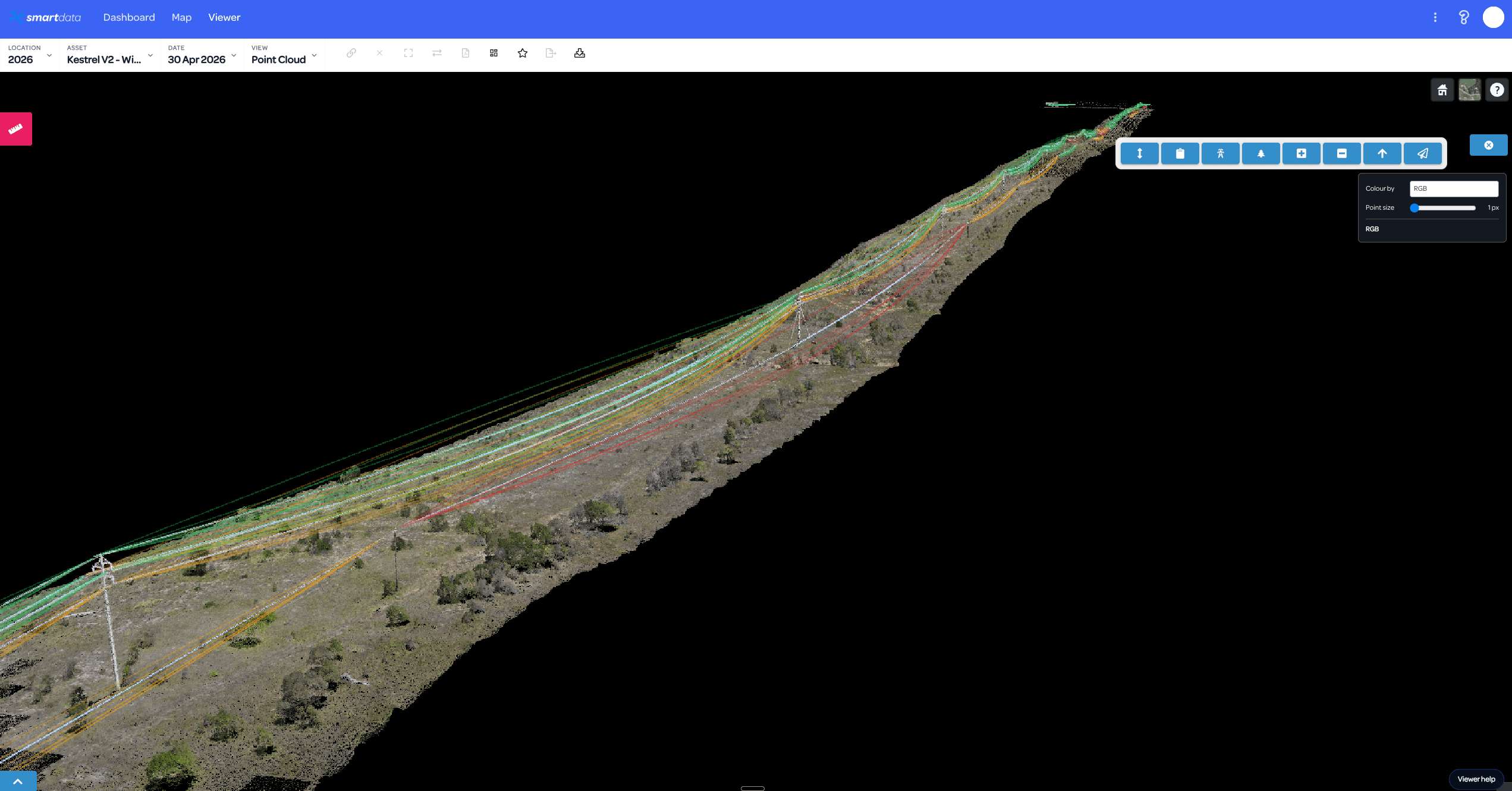 SmartData point cloud corridor with powerline clearance envelope overlays