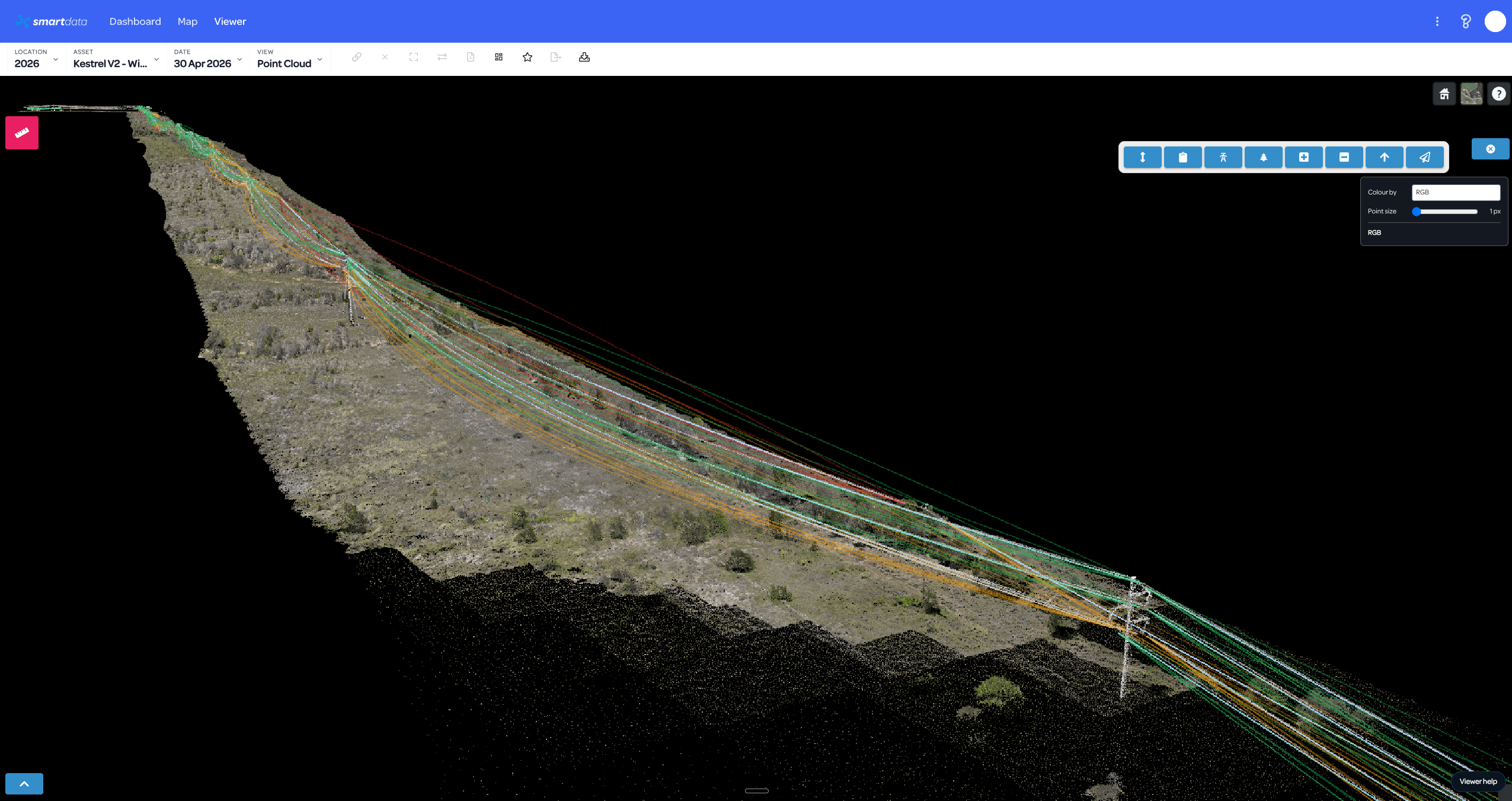 SmartData powerline point cloud showing long span envelope overlays and vegetation below