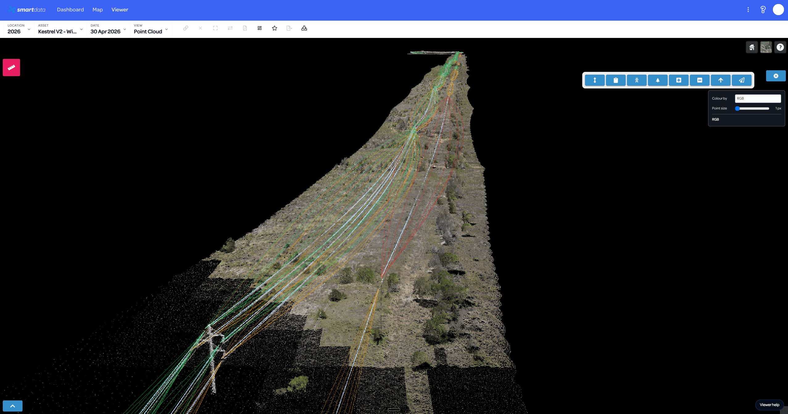 SmartData powerline point cloud showing clearance envelopes approaching a structure