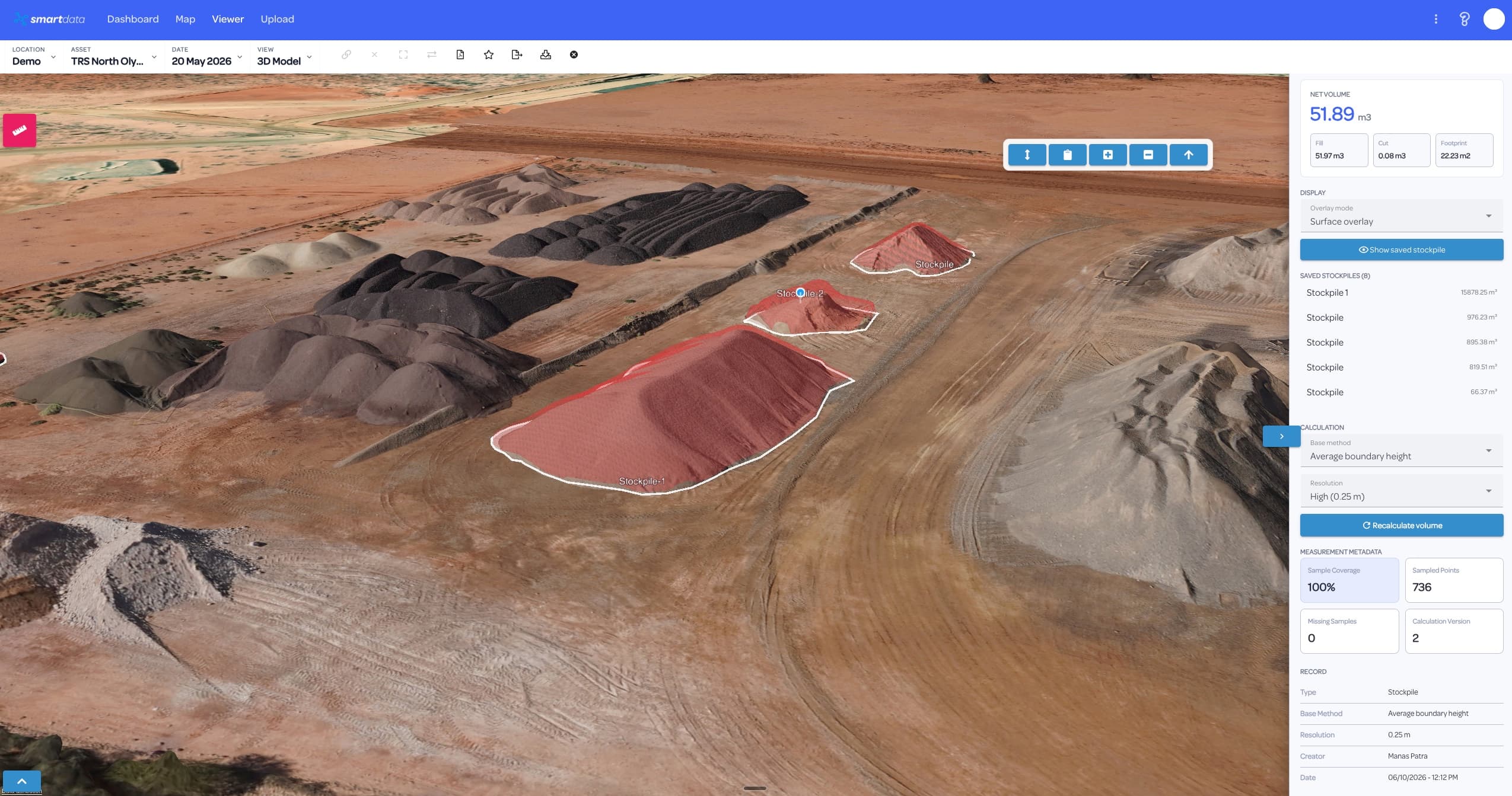 SmartData stockpile volume calculation and mining site measurement view
