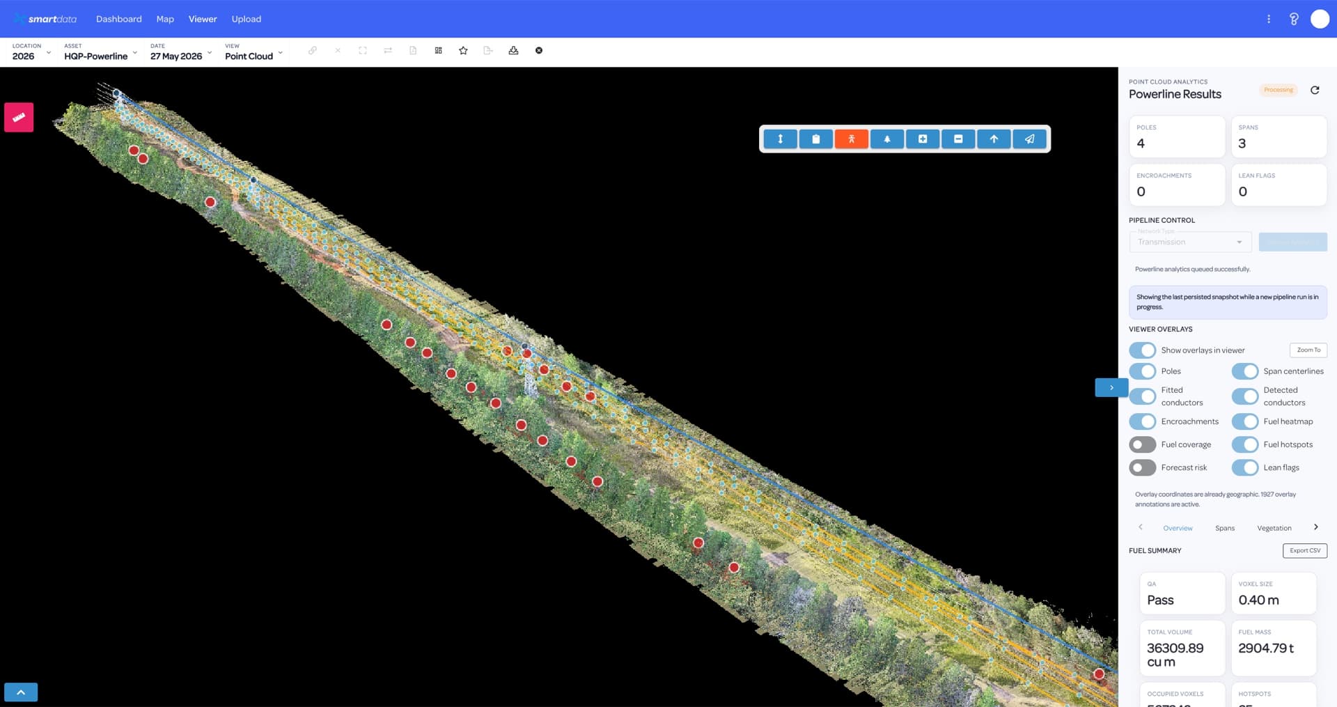 SmartData powerline point cloud analytics for utility corridor review